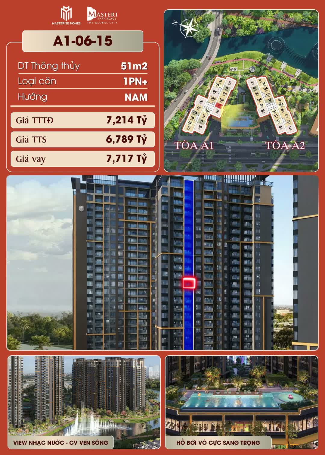 Bán gấp căn 1PN 54.8m2 Masteri Park Place (CT5), view nội khu bơi, 6tỷ 789 all in - ảnh 2