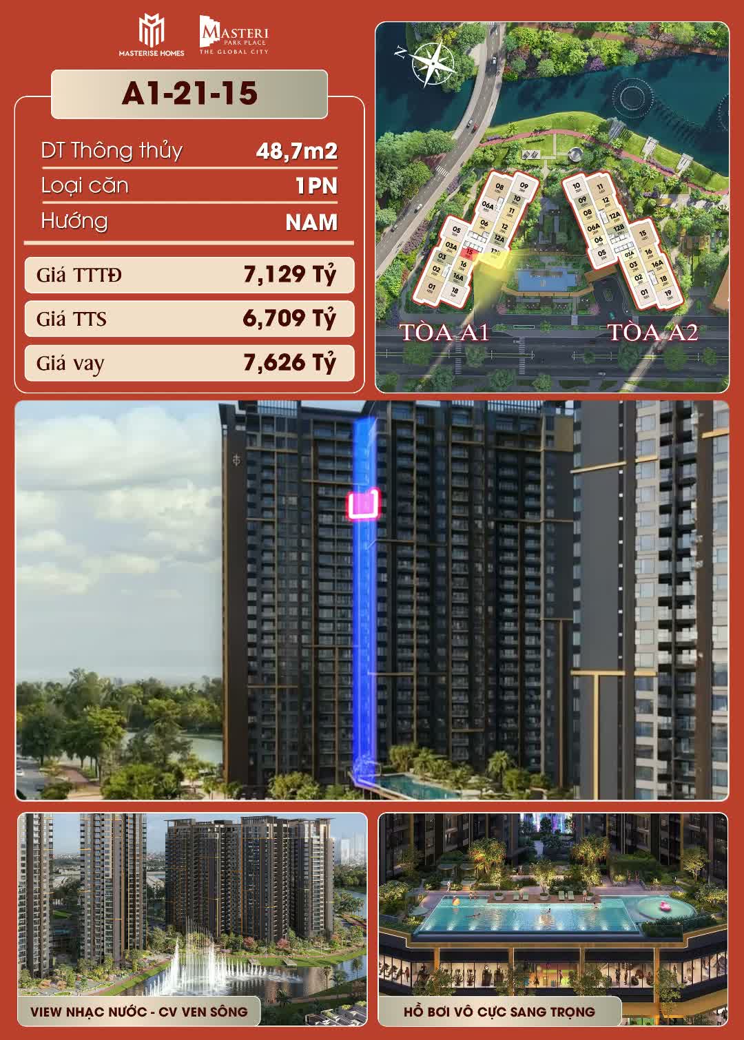 Bán gấp căn 1PN 48,7 m2 Masteri Park Place (CT5), view nội khu hồ bơi, 6tỷ 709 all in - ảnh 2